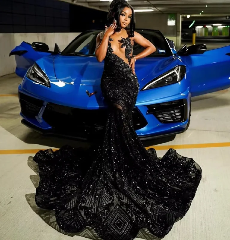 Women's Transitional Attire Sequined Lace Black Rhinestone Prom Dresses for Black Girl Sexy See Thru Beaded Mermaid Prom Party Gowns 2024 robe de bal Women's Transitional Attire Sequined Lace Black Rhinestone Prom Dresses for Black Girl Sexy See Thru Beaded Mermaid Prom Party Gowns 2024 robe de bal
