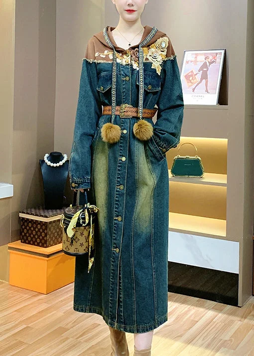 Feminine Luxe Style Sale Vintage Hooded Sashes Patchwork Denim Shirts Dresses Spring