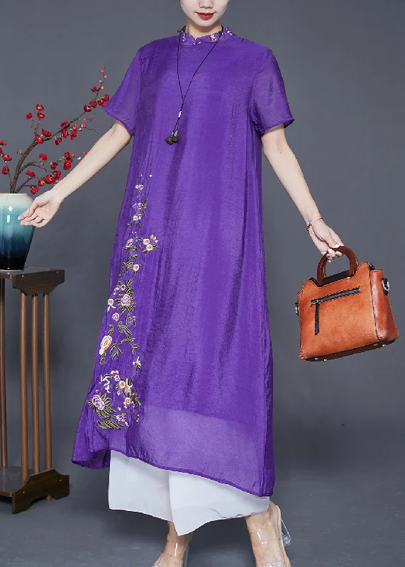 Women's Fashion Sale – Elegant Styles At Reduced Prices Fine Purple Embroideried Side Open Linen Silk Dresses Summer