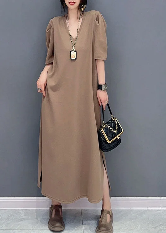 Seasonal Clearance Sale – Big Savings On Trendy Looks Simple Khaki V Neck Side Open Patchwork Cotton Dresses Summer Seasonal Clearance Sale – Big Savings On Trendy Looks Simple Khaki V Neck Side Open Patchwork Cotton Dresses Summer