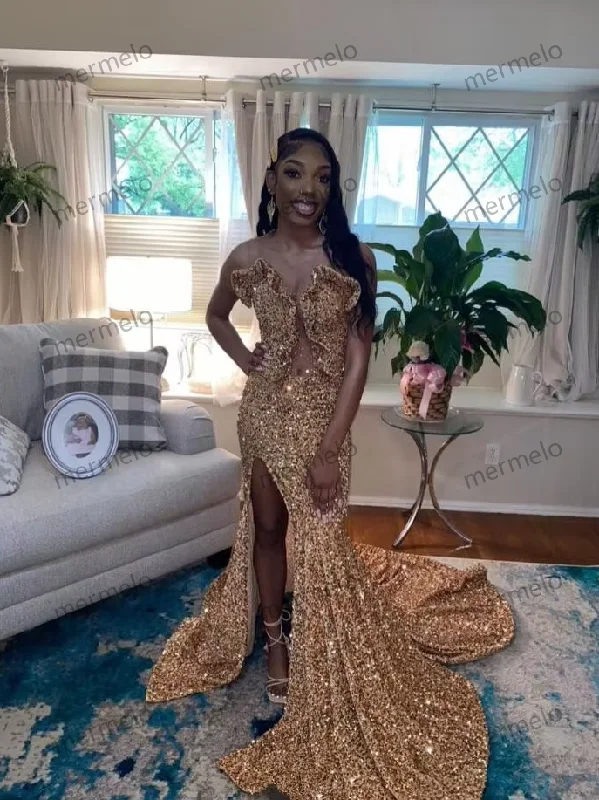 Formal Outfit For Women Sparkling Gold Long Mermaid Prom Gowns For Women Luxury Studded Diamante Sexy High Split Birthday Dresses Formal Outfit For Women Sparkling Gold Long Mermaid Prom Gowns For Women Luxury Studded Diamante Sexy High Split Birthday Dresses