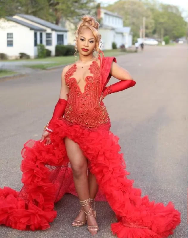 Formal Garments For Women Red Sparkly Long Evening Ceremony Party Dresses for Black Girl Luxury Diamond Crystal Ruffles Slit Prom Birthday Gala Gown Formal Garments For Women Red Sparkly Long Evening Ceremony Party Dresses for Black Girl Luxury Diamond Crystal Ruffles Slit Prom Birthday Gala Gown