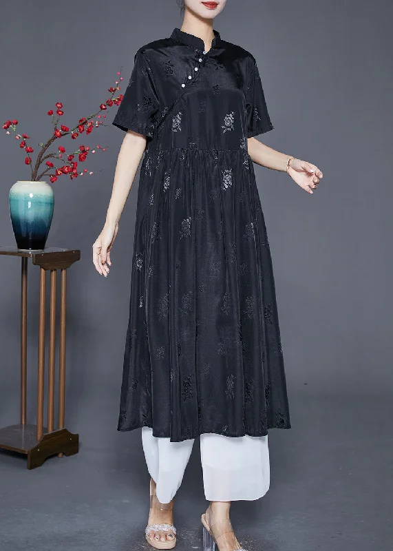 Luxe Fashion, Less Cost Vintage Black Mandarin Collar Jacquard Exra Large Hem Silk Dresses Summer Luxe Fashion, Less Cost Vintage Black Mandarin Collar Jacquard Exra Large Hem Silk Dresses Summer