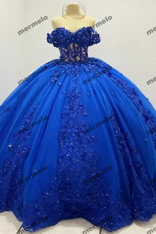 Women's Attire Royal Blue Quinceanera Dresses Shiny Lace Birthday Party Ball Gown