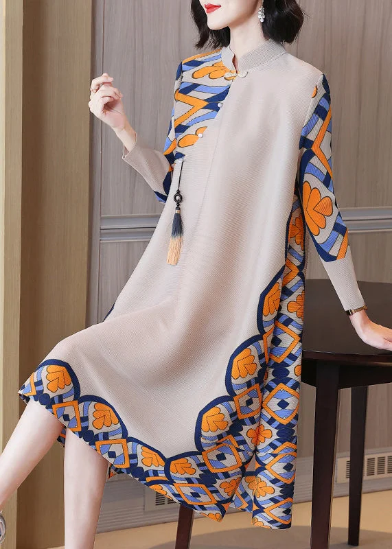 Women's Seasonal Clothes New Light Camel Button Tasseled Print Cotton Dress Spring