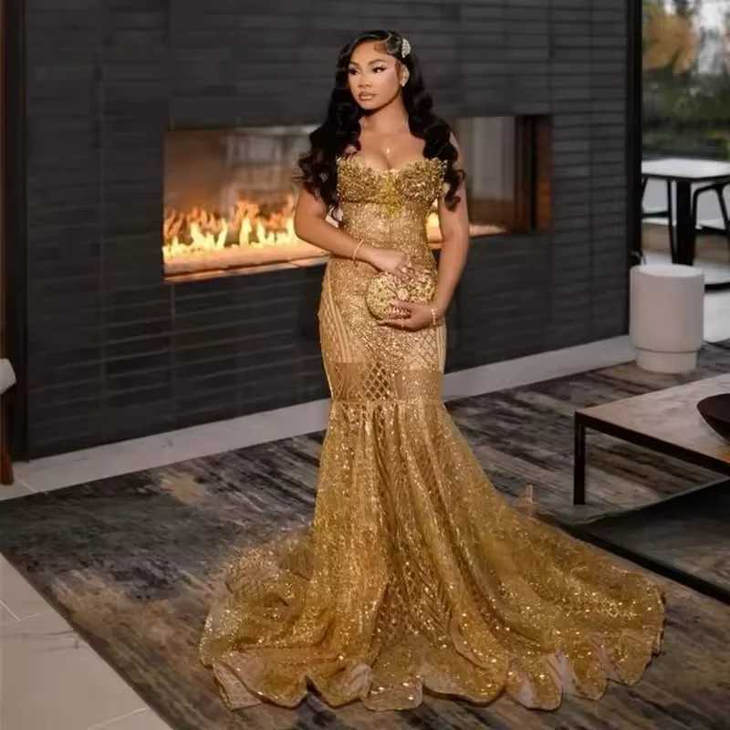 Women's Clothing Boutique Shinny Gold Prom Dresses Black Girl 2025 Sequin Beading Christmas Party Gowns Mermaid Evening Dress Gala Customized Women's Clothing Boutique Shinny Gold Prom Dresses Black Girl 2025 Sequin Beading Christmas Party Gowns Mermaid Evening Dress Gala Customized