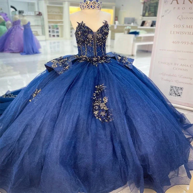 Luxury Women's Clothing Exquisite Navy Gown Quinceanera Dresses Appliques Flower Beaded Off Shouler vestidos de fiesta Women Simple Formal Party vestido Luxury Women's Clothing Exquisite Navy Gown Quinceanera Dresses Appliques Flower Beaded Off Shouler vestidos de fiesta Women Simple Formal Party vestido