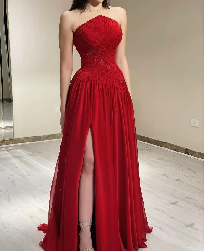 Women's Professional Attire Red Evening Dress Women Chiffon Long Prom Dresses Strapless Pleated Side Split Party Gowns Special Banquet Club فساتين السهرة Women's Professional Attire Red Evening Dress Women Chiffon Long Prom Dresses Strapless Pleated Side Split Party Gowns Special Banquet Club فساتين السهرة
