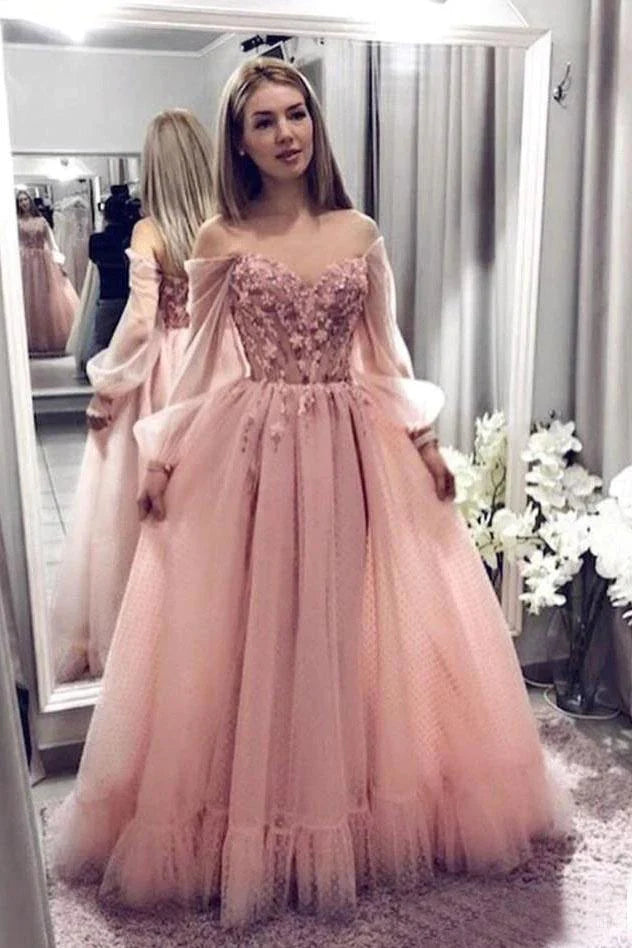 Sale Clearance Princess Ball Gown Blush Pink Lace Off the Shoulder Prom Dresses With Long Sleeves Sale Clearance Princess Ball Gown Blush Pink Lace Off the Shoulder Prom Dresses With Long Sleeves