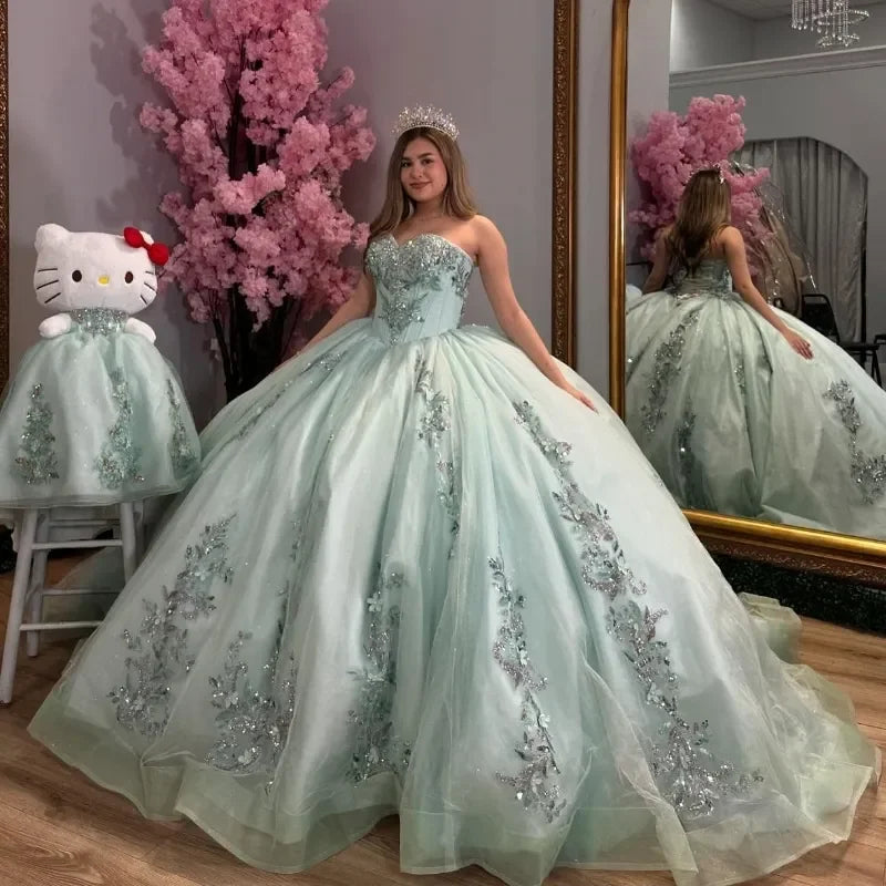 Online Boutique Clothing Sparkly Light Green Quinceanera Dresses Sequin Off The Shoulder Ball Gown Appliques Tull Sweet 16 Vestidos De 15 Anos Customized Online Boutique Clothing Sparkly Light Green Quinceanera Dresses Sequin Off The Shoulder Ball Gown Appliques Tull Sweet 16 Vestidos De 15 Anos Customized