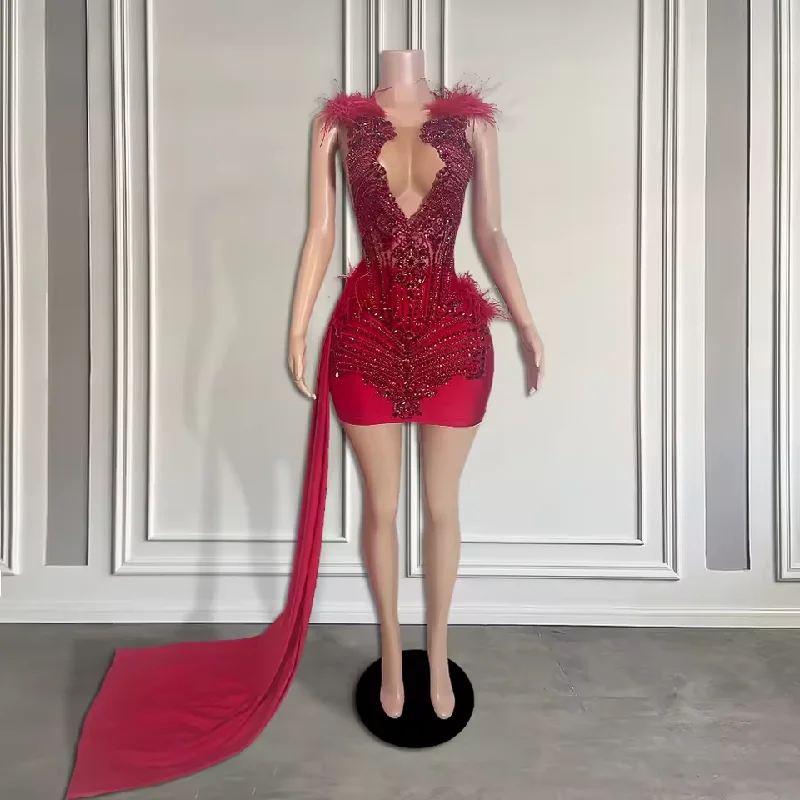 Sale On Sale Luxury Red Diamond Short Prom Dress with Side Train Sexy Sheer Neck Feather Black Girl Birthday Party Homecoming Gown Customized Sale On Sale Luxury Red Diamond Short Prom Dress with Side Train Sexy Sheer Neck Feather Black Girl Birthday Party Homecoming Gown Customized
