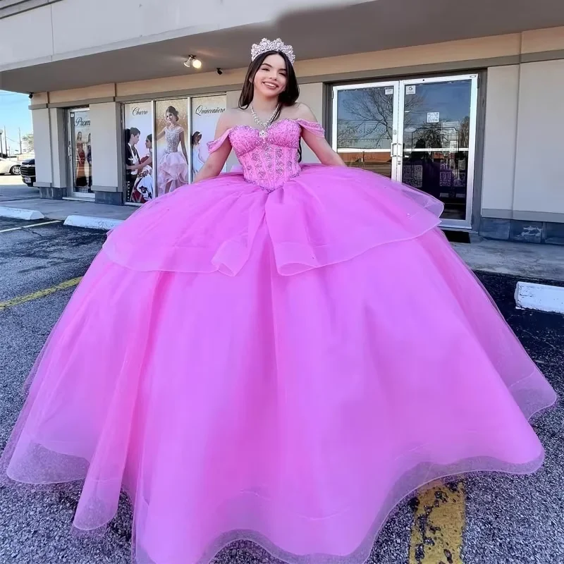 Women's Evening Outfit Pink Quinceanera Dresses for 15 Year 2024 Ball Gown Sexy Off the Shoulder Beads Crystal Tull Back Bow Long Party Dress for Girl Women's Evening Outfit Pink Quinceanera Dresses for 15 Year 2024 Ball Gown Sexy Off the Shoulder Beads Crystal Tull Back Bow Long Party Dress for Girl