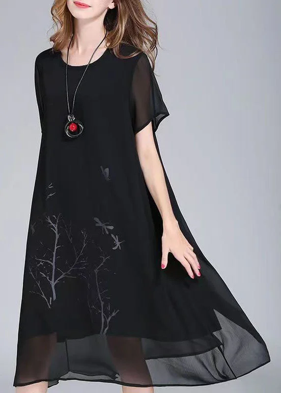Special Savings Just For You Organic Black O Neck Print Patchwork Chiffon Dresses Summer