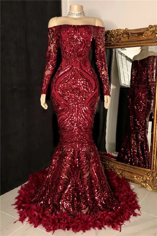 Women's Holiday Outfit Off The Shoulder Burgundy Prom Dresses with Feather | Long Sleeve Sparkle Lace Mermaid Evening Gowns S2490 Women's Holiday Outfit Off The Shoulder Burgundy Prom Dresses with Feather | Long Sleeve Sparkle Lace Mermaid Evening Gowns S2490