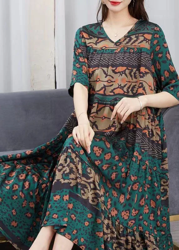 Bold and Elegant Women's Fashion Plus Size Green V Neck Print Patchwork Chiffon Dress Summer Bold and Elegant Women's Fashion Plus Size Green V Neck Print Patchwork Chiffon Dress Summer