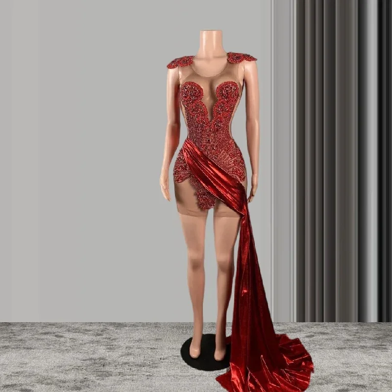 Elegant Women's Fashion Panel Draped Metallic Evening Formal Dress for Women Red Rhinestone Crystal Sheer Mesh Black Girl Birthday Prom Gown Elegant Women's Fashion Panel Draped Metallic Evening Formal Dress for Women Red Rhinestone Crystal Sheer Mesh Black Girl Birthday Prom Gown