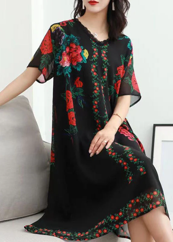 From Casual To Chic, All On Sale Women Black V Neck Rose Print Patchwork Chiffon Dresses Summer