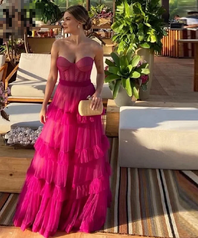 Timeless Women's Clothing Fuschia Tiered Ruffles Tulle Prom Dresses Sweetheart Sleeveless Pleat Ruched Saudi Arabic Evening Party Gown robe soirée Timeless Women's Clothing Fuschia Tiered Ruffles Tulle Prom Dresses Sweetheart Sleeveless Pleat Ruched Saudi Arabic Evening Party Gown robe soirée