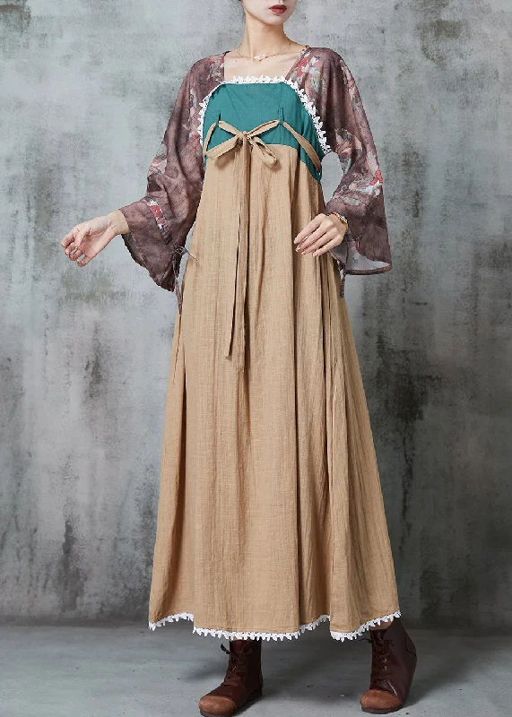 Casual Elegance Original Design Khaki Patchwork Linen Dress Flare Sleeve