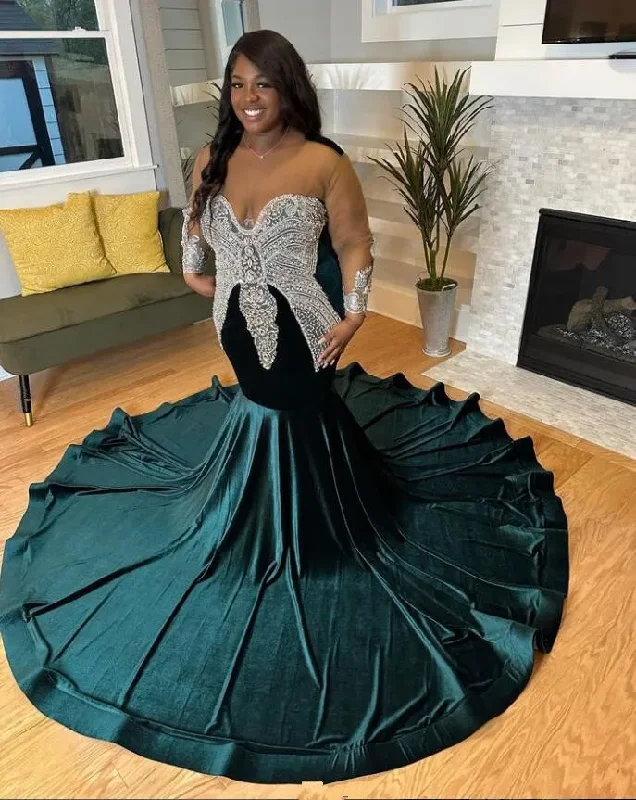 Clothes Woman Hunter Green Velvet African Prom Dress for Women Big Size Crystal Applique Black Girl Birthday Gown فستان حفلات الزفاف Clothes Woman Hunter Green Velvet African Prom Dress for Women Big Size Crystal Applique Black Girl Birthday Gown فستان حفلات الزفاف