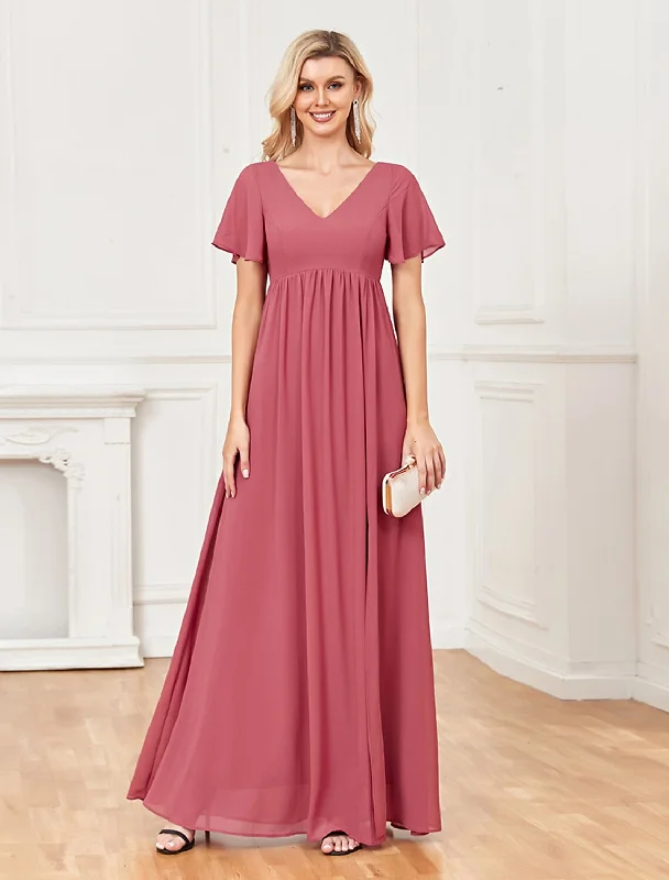 Affordable Women's Fashion A-Line Evening Gown Empire Dress Party Wear Floor Length Short Sleeve V Neck Chiffon V Back with Slit Affordable Women's Fashion A-Line Evening Gown Empire Dress Party Wear Floor Length Short Sleeve V Neck Chiffon V Back with Slit