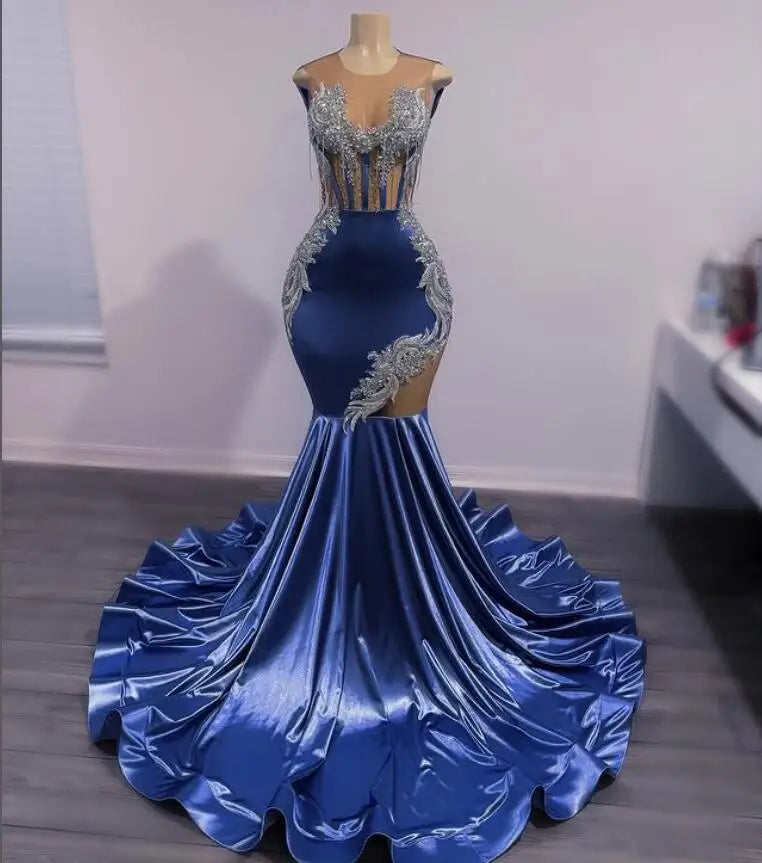 Sales Clothes Royal Blue Shiny Mermaid Prom Gala Dresses Sparkly Diamond Sheer Mesh Customsized Black Girl Evening Birthday Party Gown Sales Clothes Royal Blue Shiny Mermaid Prom Gala Dresses Sparkly Diamond Sheer Mesh Customsized Black Girl Evening Birthday Party Gown