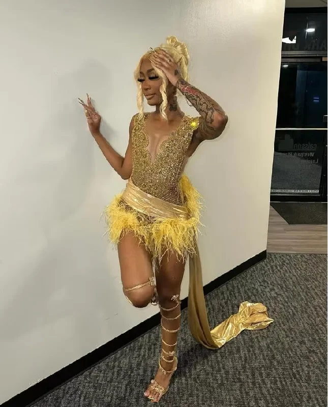 Flash Discount Gold Luxury Short Prom Homecoming Dresses with Train Diamond Crystal Feather Black Girl Birthday Party Gown vestido grecia Flash Discount Gold Luxury Short Prom Homecoming Dresses with Train Diamond Crystal Feather Black Girl Birthday Party Gown vestido grecia