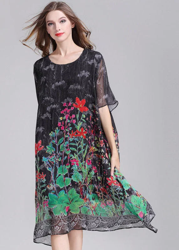 Women's Comfy Loungewear Outfit Italian Green O Neck Print Patchwork Chiffon Mid Dress Summer