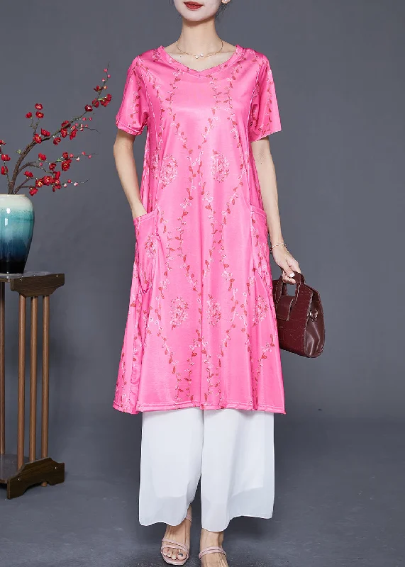 Women's Chic Fashion At Special Promotional Prices French Rose V Neck Print Chiffon Mid Dresses Summer Women's Chic Fashion At Special Promotional Prices French Rose V Neck Print Chiffon Mid Dresses Summer