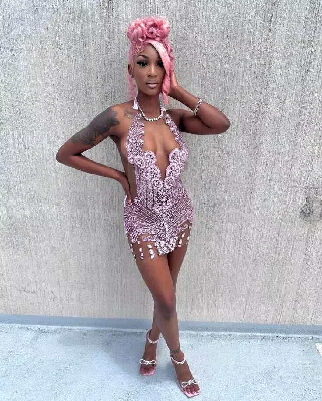 Women's Professional Outfit Pink Sparkly Short Prom Homecoming Dress Luxury Diamond Crystal Sheer Mesh Black Girl Evening Gown vestidos de gala mujer 2024 Women's Professional Outfit Pink Sparkly Short Prom Homecoming Dress Luxury Diamond Crystal Sheer Mesh Black Girl Evening Gown vestidos de gala mujer 2024