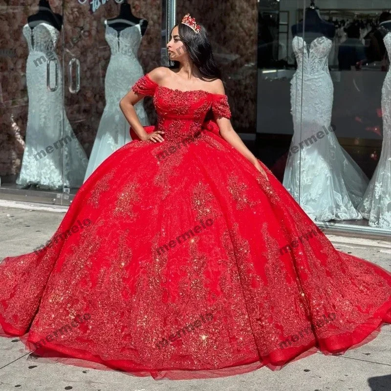 Women's Night-Out Outfit Red Quinceanera Dresses Ball Gown Shiny Sequined Appliques Sweet 16 Dress Women's Night-Out Outfit Red Quinceanera Dresses Ball Gown Shiny Sequined Appliques Sweet 16 Dress