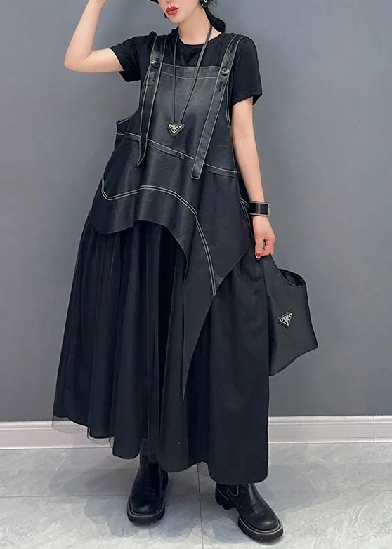 Classy Style Discounts Fashion Black Faux Leather Asymmetrical Patchwork Tulle Dresses Summer Classy Style Discounts Fashion Black Faux Leather Asymmetrical Patchwork Tulle Dresses Summer