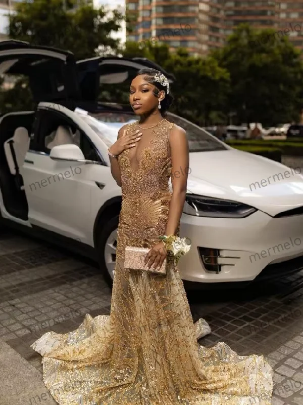 Chic Women's Outfit Sparkly Gold Long Mermaid Prom Occasion Dresses For Black Girl Luxury Crystal Gillter Tassel Evening Gown Birthday Gala Chic Women's Outfit Sparkly Gold Long Mermaid Prom Occasion Dresses For Black Girl Luxury Crystal Gillter Tassel Evening Gown Birthday Gala