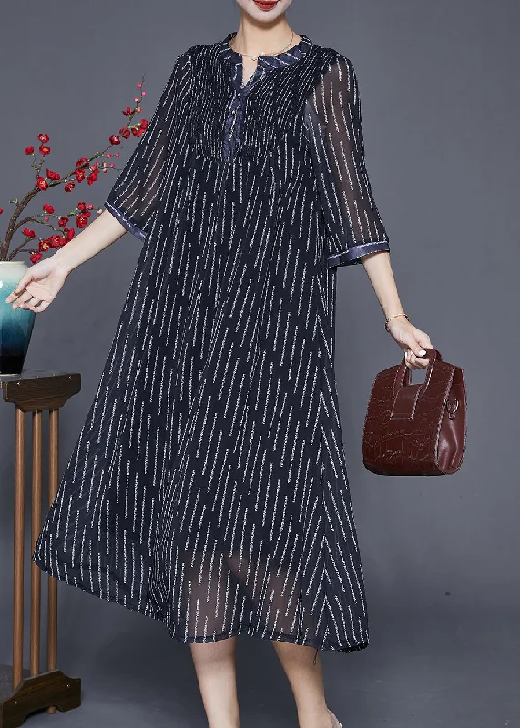 Weekend Price Drop – Shop Before It'S Gone French Black Striped Wrinkled Draping Chiffon Dresses Summer