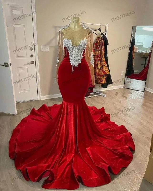 Modern Women's Apparel Red Velvet Trumpet African Prom Dress with Long Sleeve Sheer Neck Crystal Applique Tassel Evening Birthday Party Gown Modern Women's Apparel Red Velvet Trumpet African Prom Dress with Long Sleeve Sheer Neck Crystal Applique Tassel Evening Birthday Party Gown