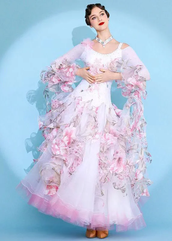 Style Streetwear Slim Fit White Ruffled Zircon Tulle Patchwork Dance Dress Bracelet Sleeve