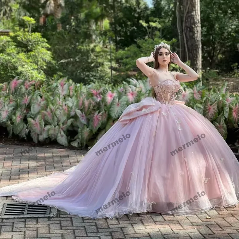 Fashion-forward Women's Clothing Pink Ball Gown Quinceanera Dresses Beaded With Bow Corset Fashion-forward Women's Clothing Pink Ball Gown Quinceanera Dresses Beaded With Bow Corset