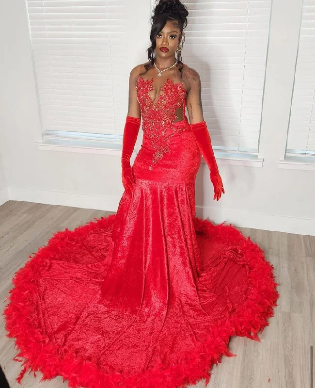 Women's Seasonal Clothing Exquisite Velvet Mermaid Gown with Feather Trim and Beaded Appliqué Women's Seasonal Clothing Exquisite Velvet Mermaid Gown with Feather Trim and Beaded Appliqué