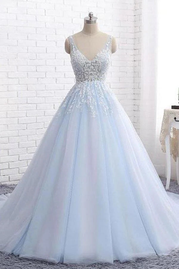 Women's Clothes Online Shopping Sexy Ball Gown Tulle Sky Blue V-neck Appliques Brush Train Long Sleeveless Prom Dresses Women's Clothes Online Shopping Sexy Ball Gown Tulle Sky Blue V-neck Appliques Brush Train Long Sleeveless Prom Dresses