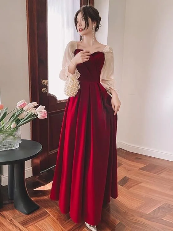 Clothes For Sale Long Sleeve Wine Red Evening Dress Party Gown      S2898