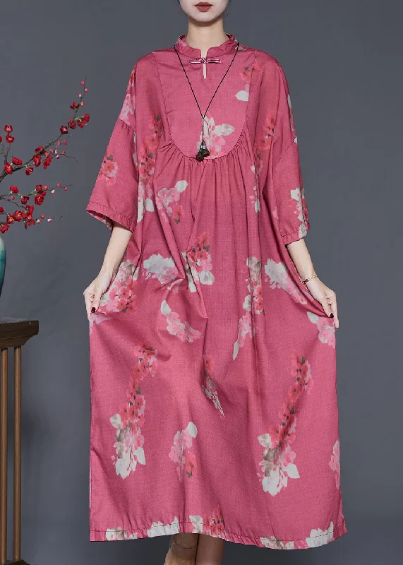 Luxury Fashion Vintage Red Print Chinese Button Cotton Dresses Spring