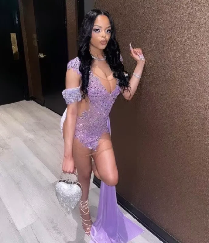Women's Classic Outfit Purple Velvet Short Prom Dress for Black Girl Sparkly Diamond Crystal Beaded Sheer Mesh Birthday Homecoming Queen Gown Women's Classic Outfit Purple Velvet Short Prom Dress for Black Girl Sparkly Diamond Crystal Beaded Sheer Mesh Birthday Homecoming Queen Gown