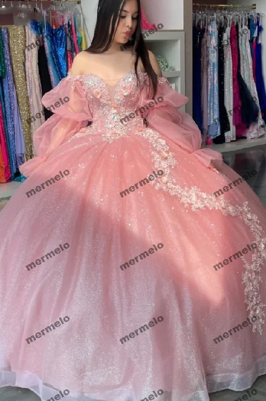 Women's Outfit Pink Long Sleeve Quinceanera Dress Ball Gown Applique Beaded Sequins Corset Sweet 16 Women's Outfit Pink Long Sleeve Quinceanera Dress Ball Gown Applique Beaded Sequins Corset Sweet 16