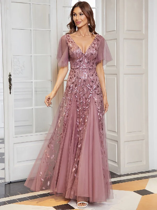Stylish Outerwear Clothes For Women Romantic Shimmery V Neck Ruffle Sleeves Maxi Long Evening Gowns