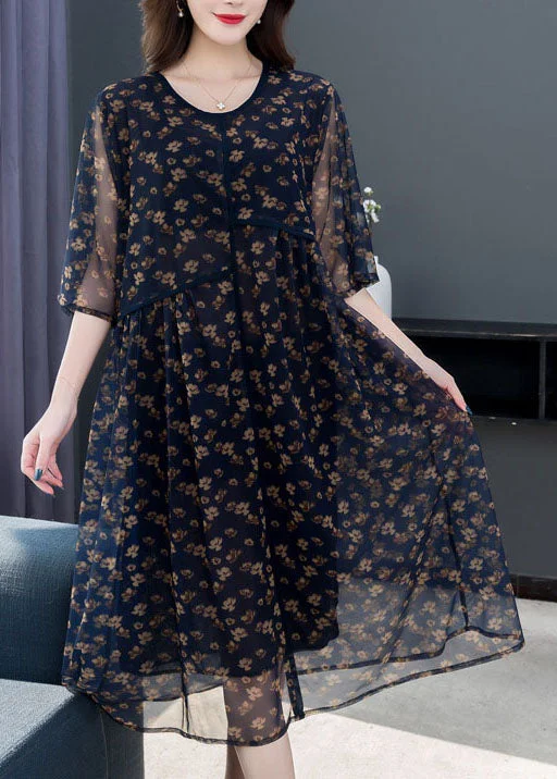 Premium Fashion At Budget-Friendly Prices French Navy O Neck Print Patchwork Chiffon Dresses Summer Premium Fashion At Budget-Friendly Prices French Navy O Neck Print Patchwork Chiffon Dresses Summer