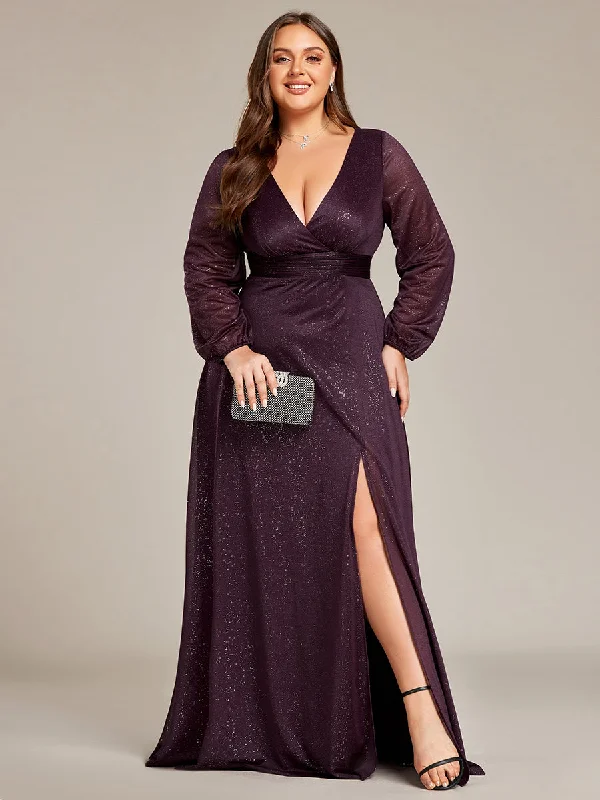 Women's Transitional Clothes Plus Shiny Deep V Neck Wholesale Evening Gown With Short Sleeves