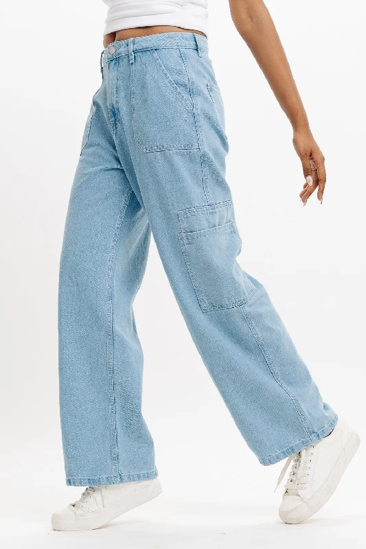 Women's Office Attire Patch Pocket Washed Straight Jeans
