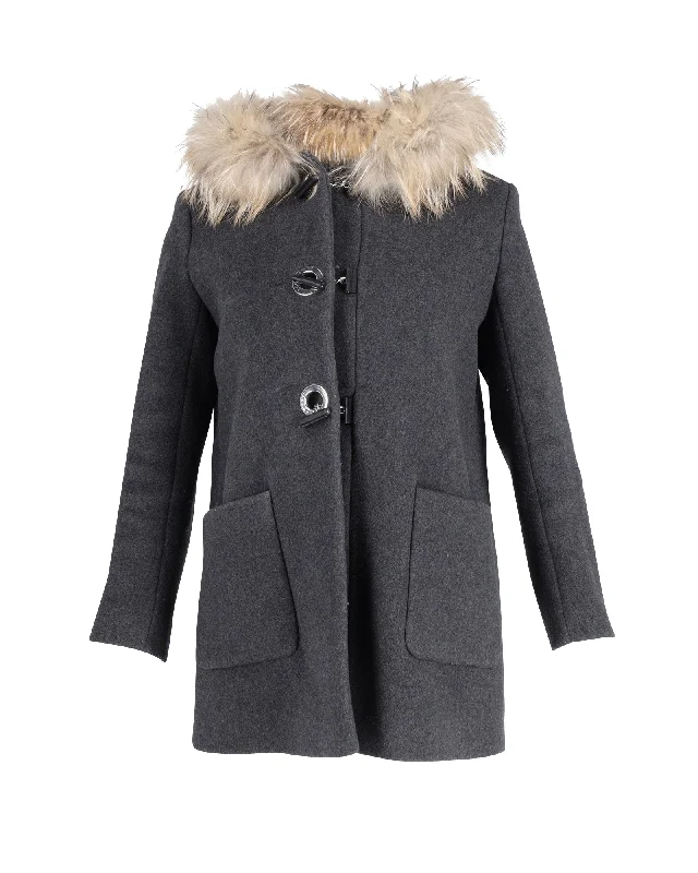 Women's Fashion Essentials Sandro Fur Trimmed Hooded Coat in Grey Wool