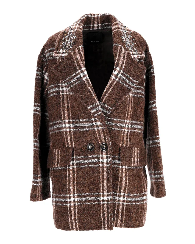 Women's Tops And Clothing Pinko Double-Breasted Check Coat in Brown Polyester