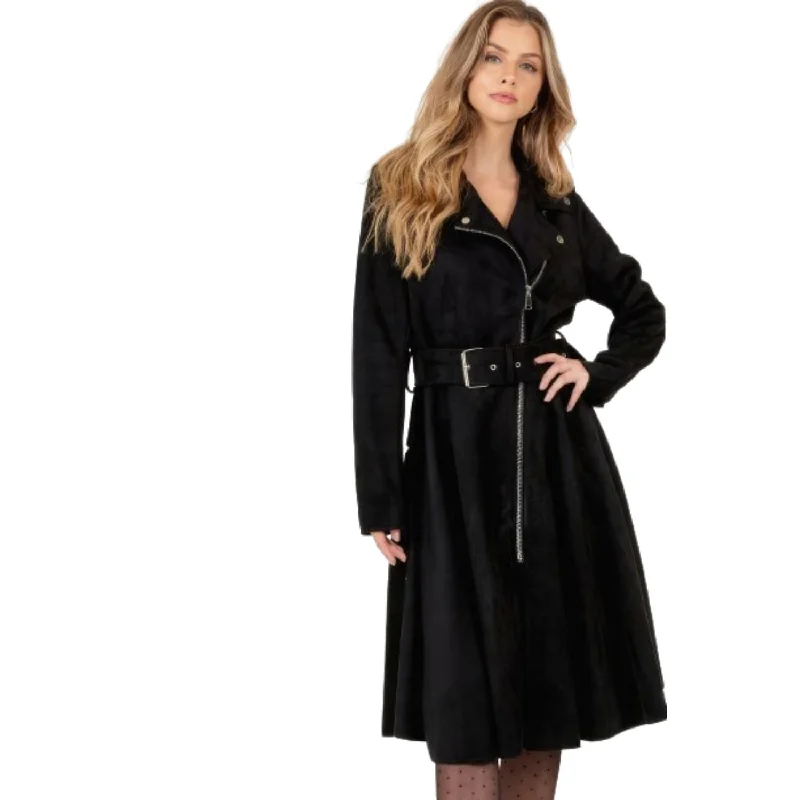 Women's Attire Waist Belt Tacked Faux Suede Coat Solid Coat